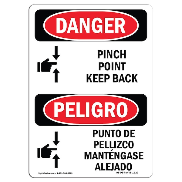 OSHA Sign, Pinch Point Keep Back Bilingual, 14in X 10in Aluminum, 10" W, 14" L, Bilingual Spanish